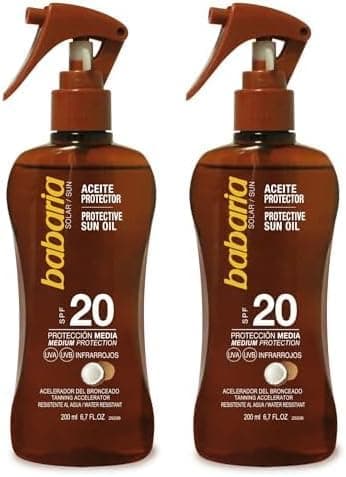 Babaria - Óleo protetor solar SPF20 UVA-UVB e infravermelhos em formato de pistola, acelerador de bronzeado, hidratante, contém óleo de coco, resistente à água, vegano - 200 ml (embalagem de 2)