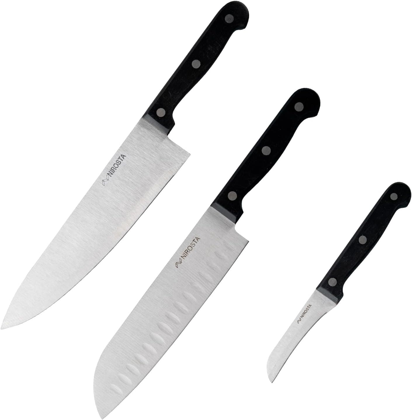 Nirosta O mega Set de facas de cozinha, inclui faca de chef de 32 cm, faca Santoku de 30 cm e faca de batata de 18 cm, lâmina de aço inoxidável muito afiada, cabo POM com rebites, 3 unidades.