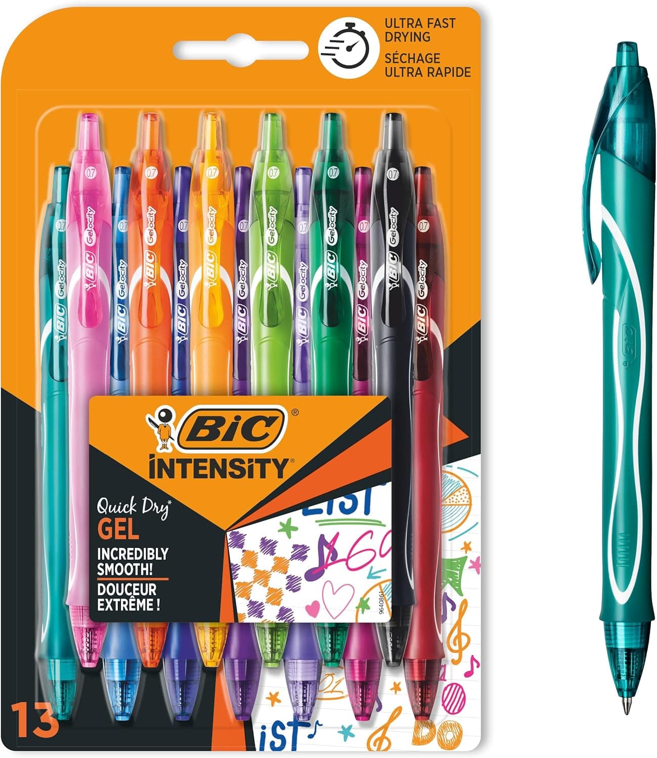 BIC Gel-ocity Quick Dry Gel, canetas de gel, ponta média (0,7 mm), cores sortidas, tinta de secagem ultra rápida, embalagem de 13 unidades