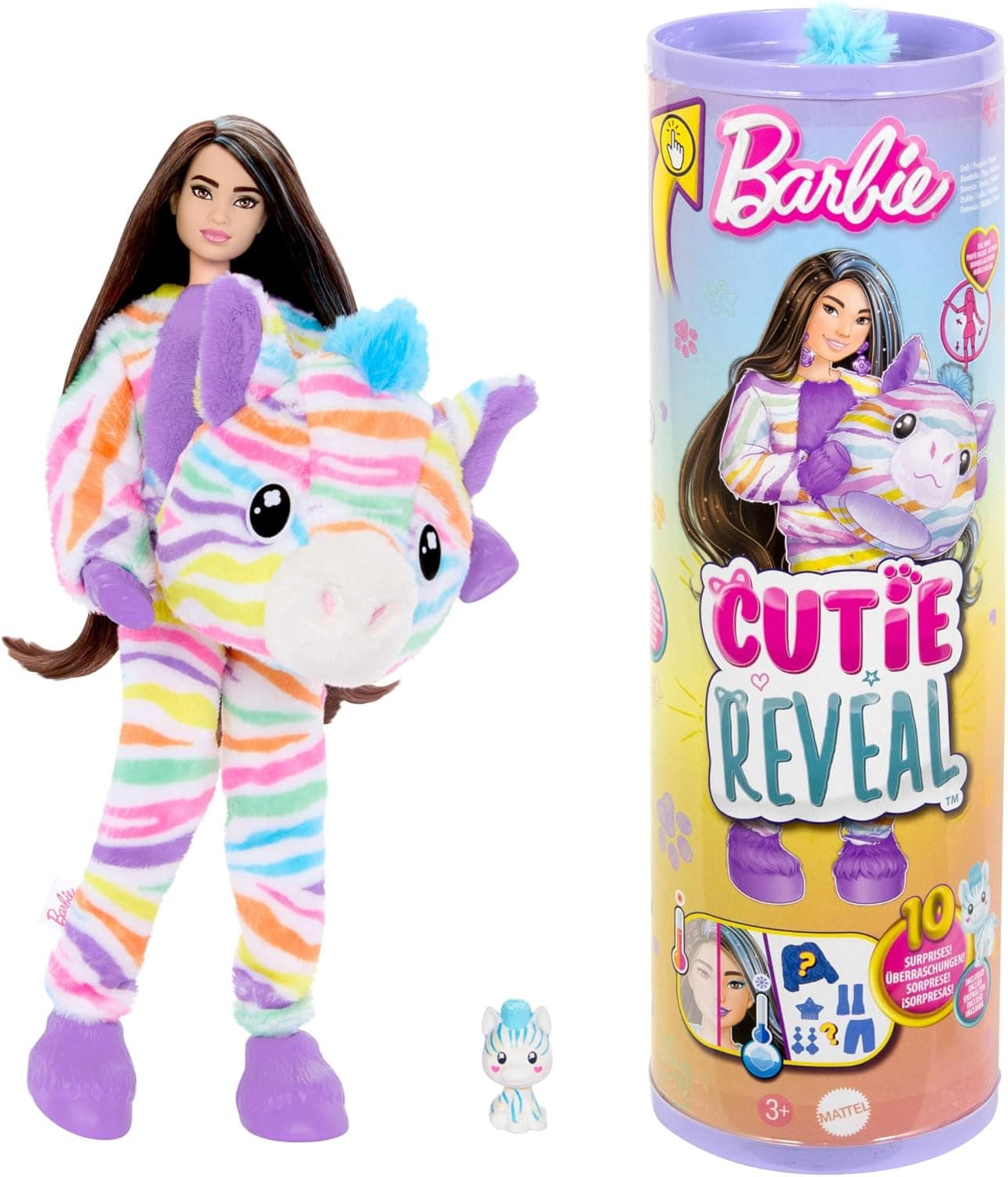 Barbie Cutie Reveal Boneca com disfarce de zebra de cores, com pente, animal de estimação e acessórios surpresa da moda, série de sonhos coloridos, brinquedo + 3 anos (HRK39)