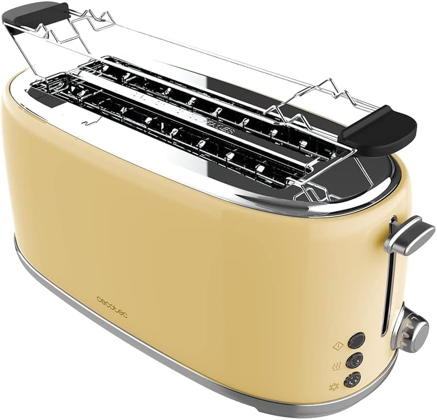 Cecotec Torradeira de 4 fatias Toast&Taste 1600 retro dupla bege. 1630 W, 2 ranhuras largas de 3,8 cm e comprimentos, aço inoxidável, hastes superiores, potência regulável, bandeja recolhe migalhas