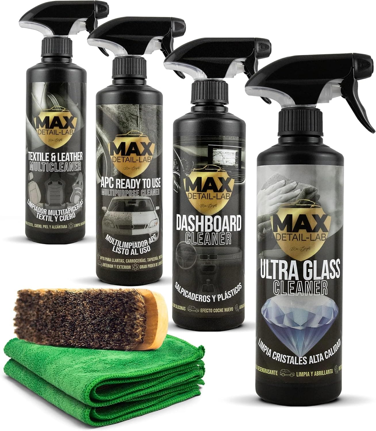 MAX DETAIL-LAB - Interior Pack - Kit de limpeza de carro interior com acessórios, limpa tapeçarias têxtil pele de couro, limpeza de respingos, APC limpador, limpa, limpa, vidros profissionais, carro