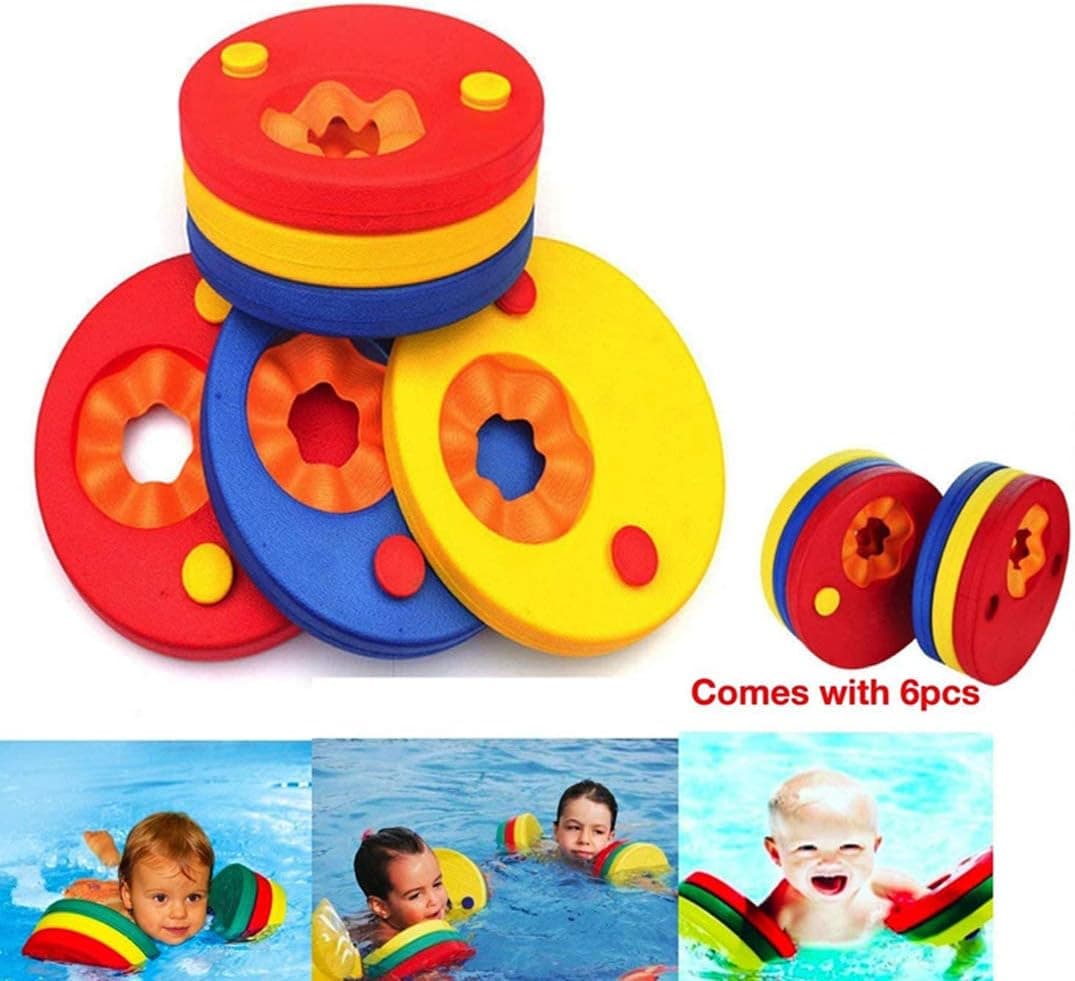 Kaianda | Braçadeiras de natação em espuma para crianças, 6 unidades, flutuadores em azul, vermelho e amarelo