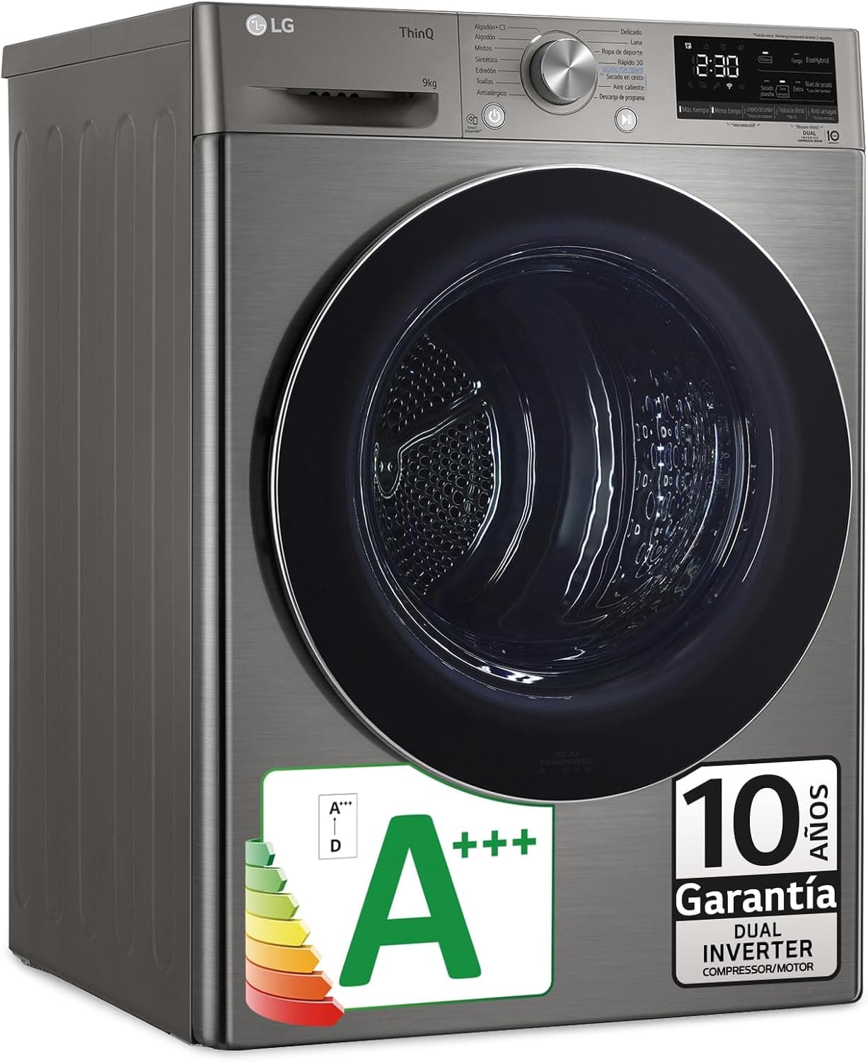 LG RH90V9PV2N Secadora de roupa, 9 kg, bomba de calor dupla inversão , carga frontal, classificação A++, sensor de secagem, série 900, Inox anti-impressões