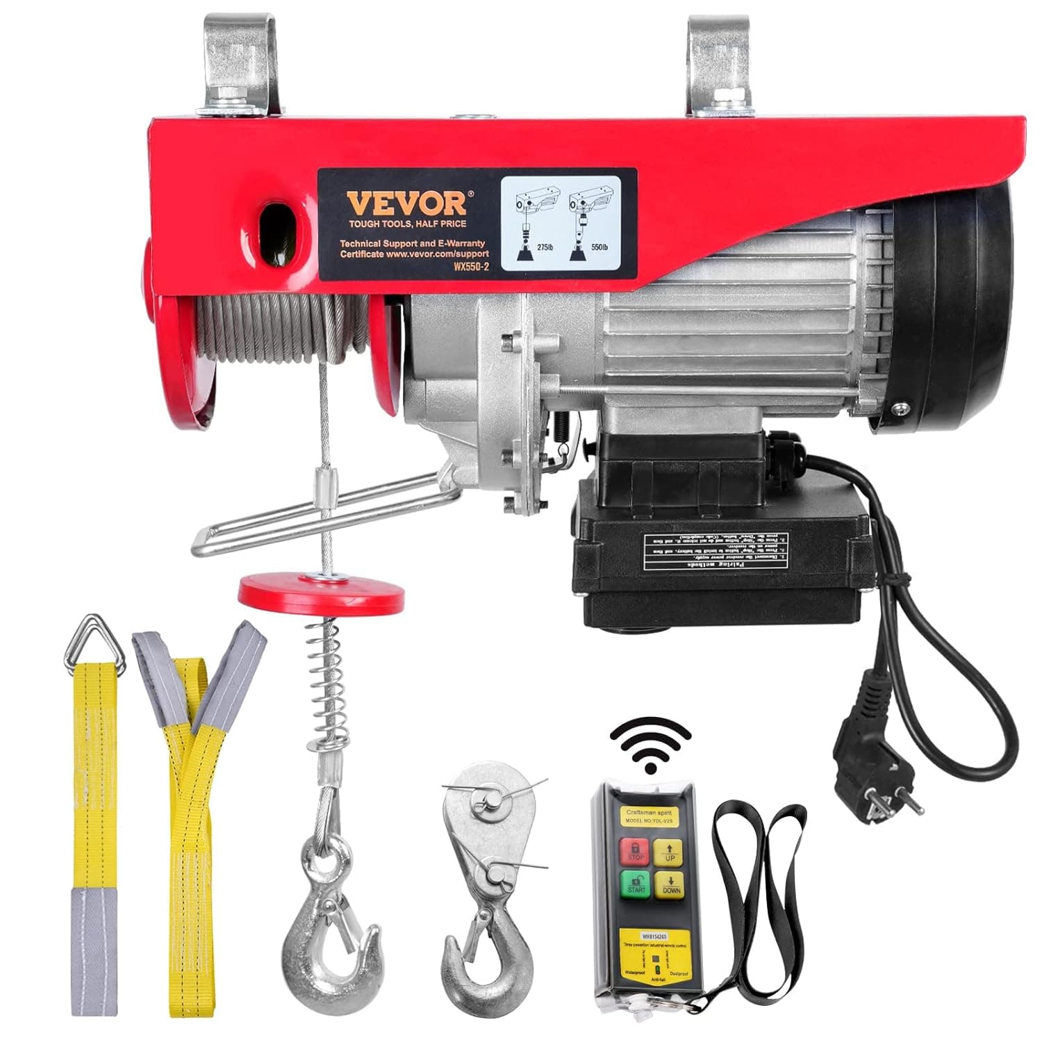VEVOR Grua elétrica de cabo com capacidade de 250 kg, 510 W com controlo remoto sem fios 10 m/min altura de elevação 12 m cabo único motor de cobre puro para garagem armazéns plantas