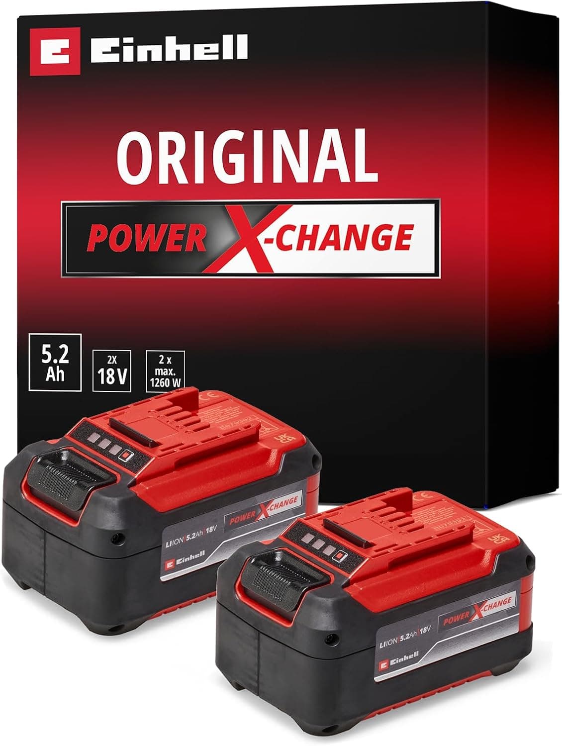 Einhell PXC-Twinpack 5,2 Ah Power X-Change (Li-Ion, 18 V, 2 x 5,2 Ah, adequado para todos os dispositivos PXC, gestão proativa da bateria, ciclos de carregamento adaptados à situação)