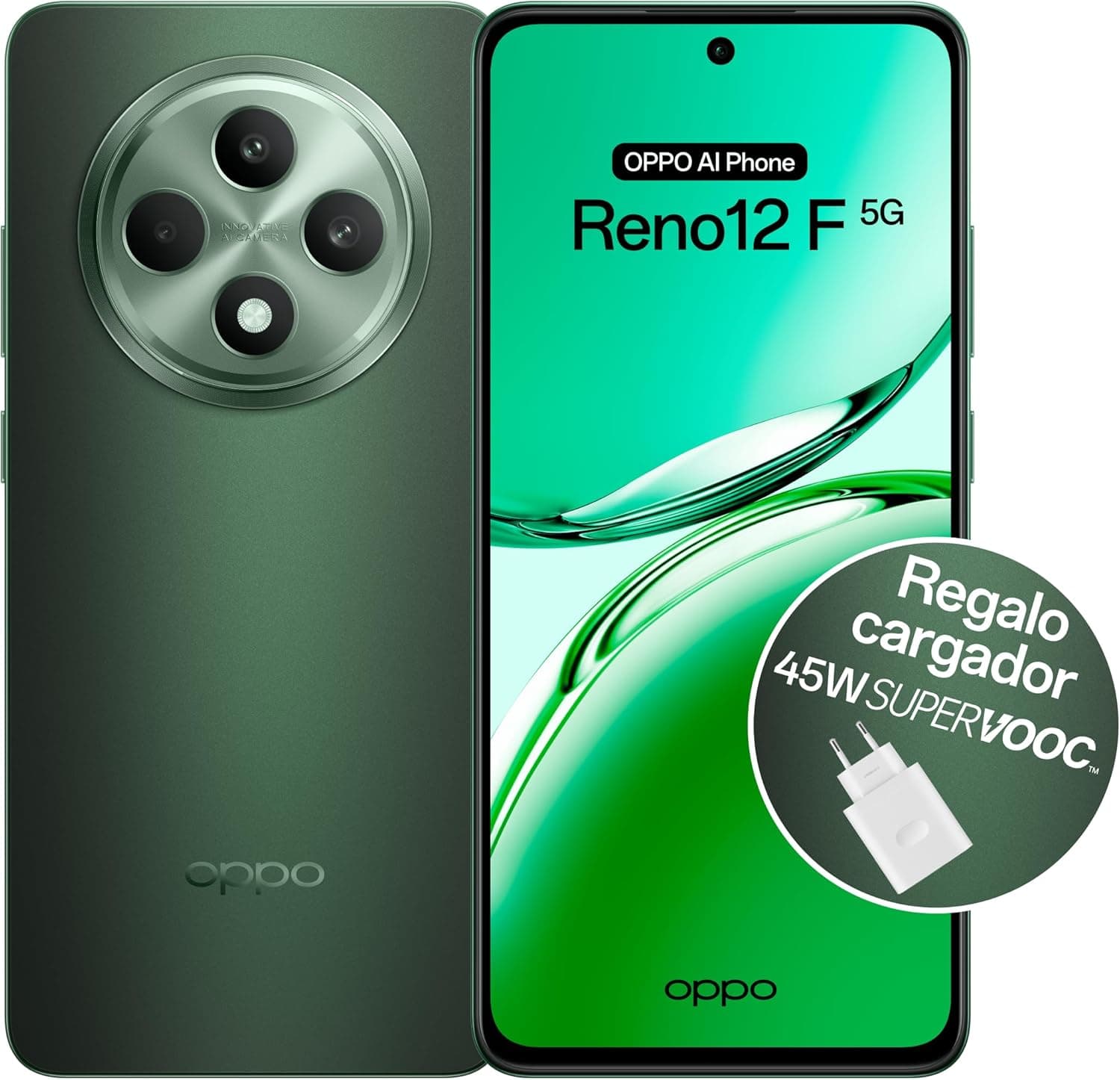 OPPO Reno12F 5G Smartphone livre com IA, 16 GB (8 GB + 8 GB) 256 GB, ecrã 2,5D AMOLED 6,7", câmara 50 8 + 32 MP, Android, IP64, bateria 5000 mAh, carregamento rápido 45 W, carregador Incluído - Verde