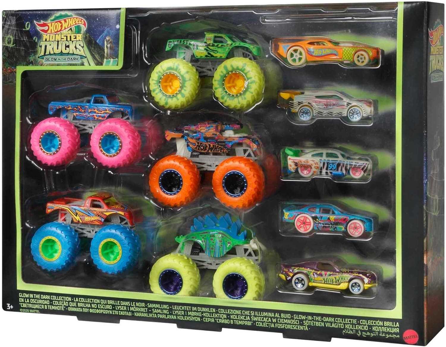 Hot Wheels HCB57 | Pack de 10 veículos com 5 Monster Trucks e 5 carros luminiscentes à escala 1:64 para crianças