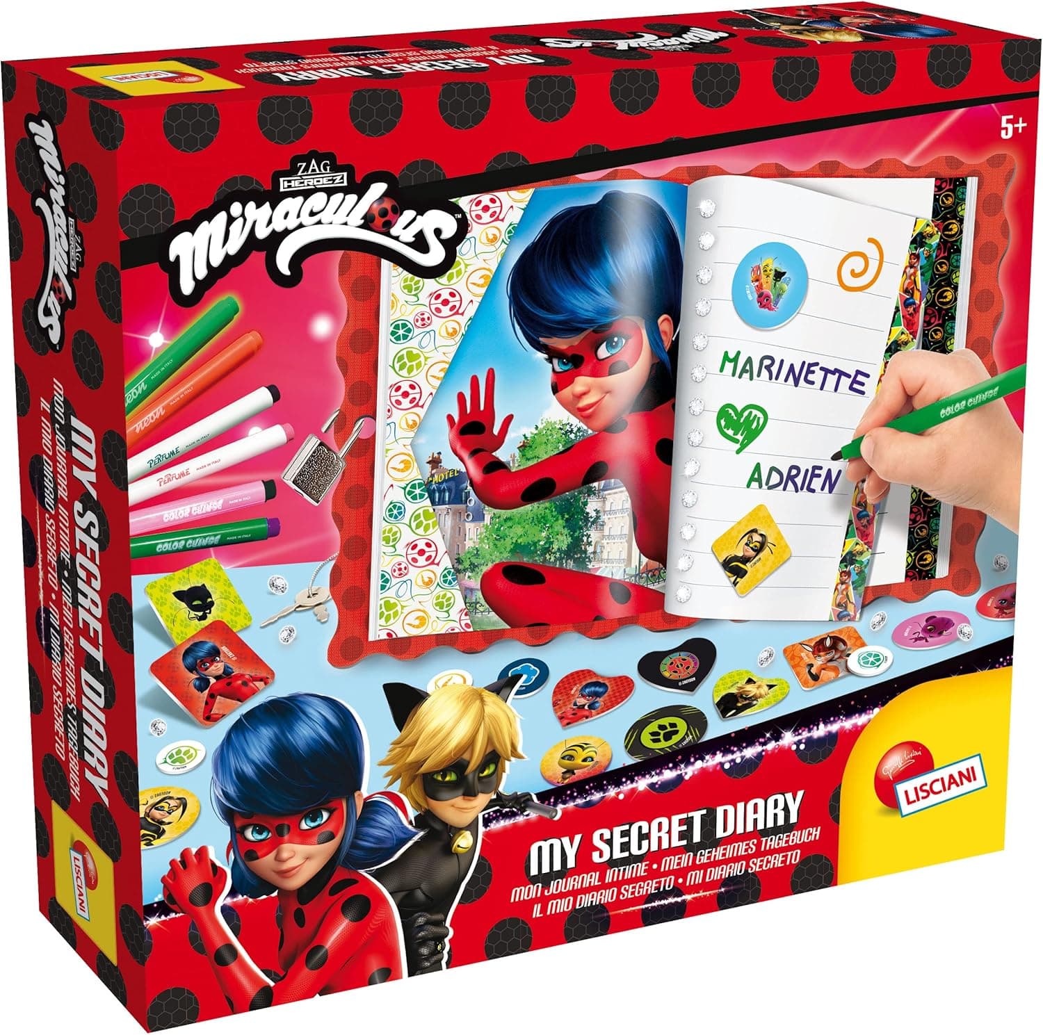 Liscianigiochi Miraculous Ladybug | Diário secreto personalizável com marcador, autocolantes e acessórios para crianças a partir dos 4 anos