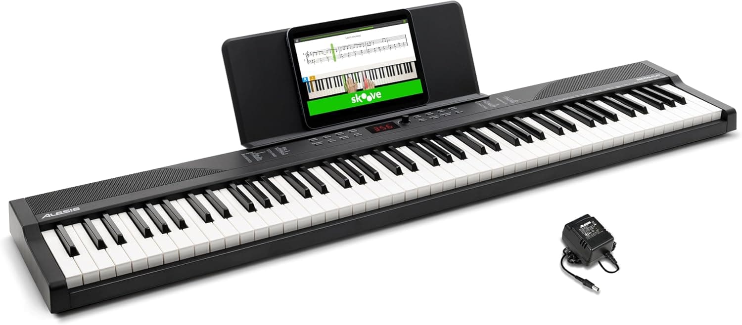 Alesis Teclado piano com 88 teclas e 480 sons, altifalantes, MIDI USB, atril, adaptador de corrente e aulas de piano para principiantes