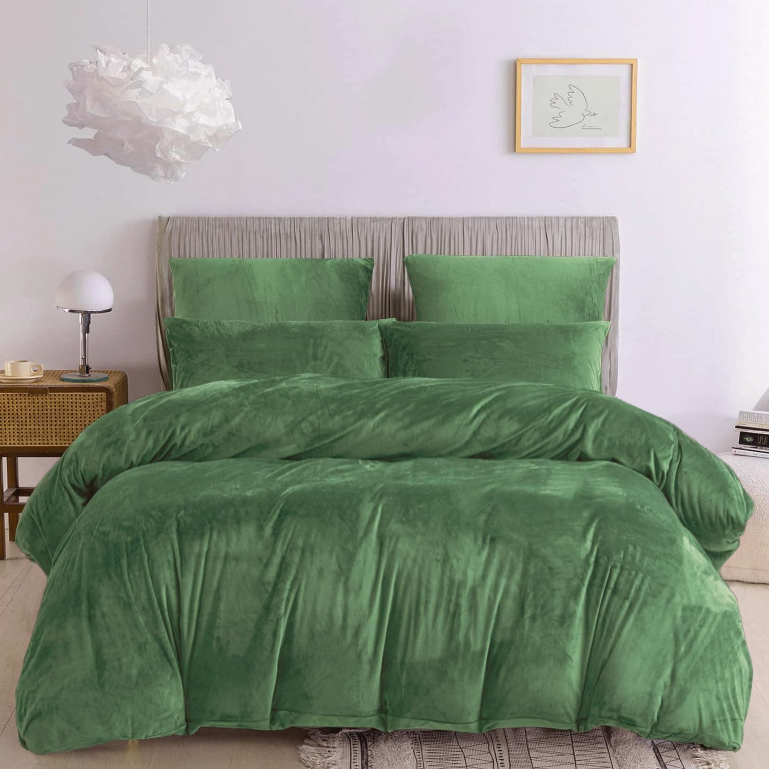 Damier Roupa de cama de pelúcia de inverno de 220 x 240 cm, cor verde quente e verde escuro liso, toque de caxemira, conjunto de cama de 3 peças com fecho de correr e 2 fronhas de 80 x 80 cm