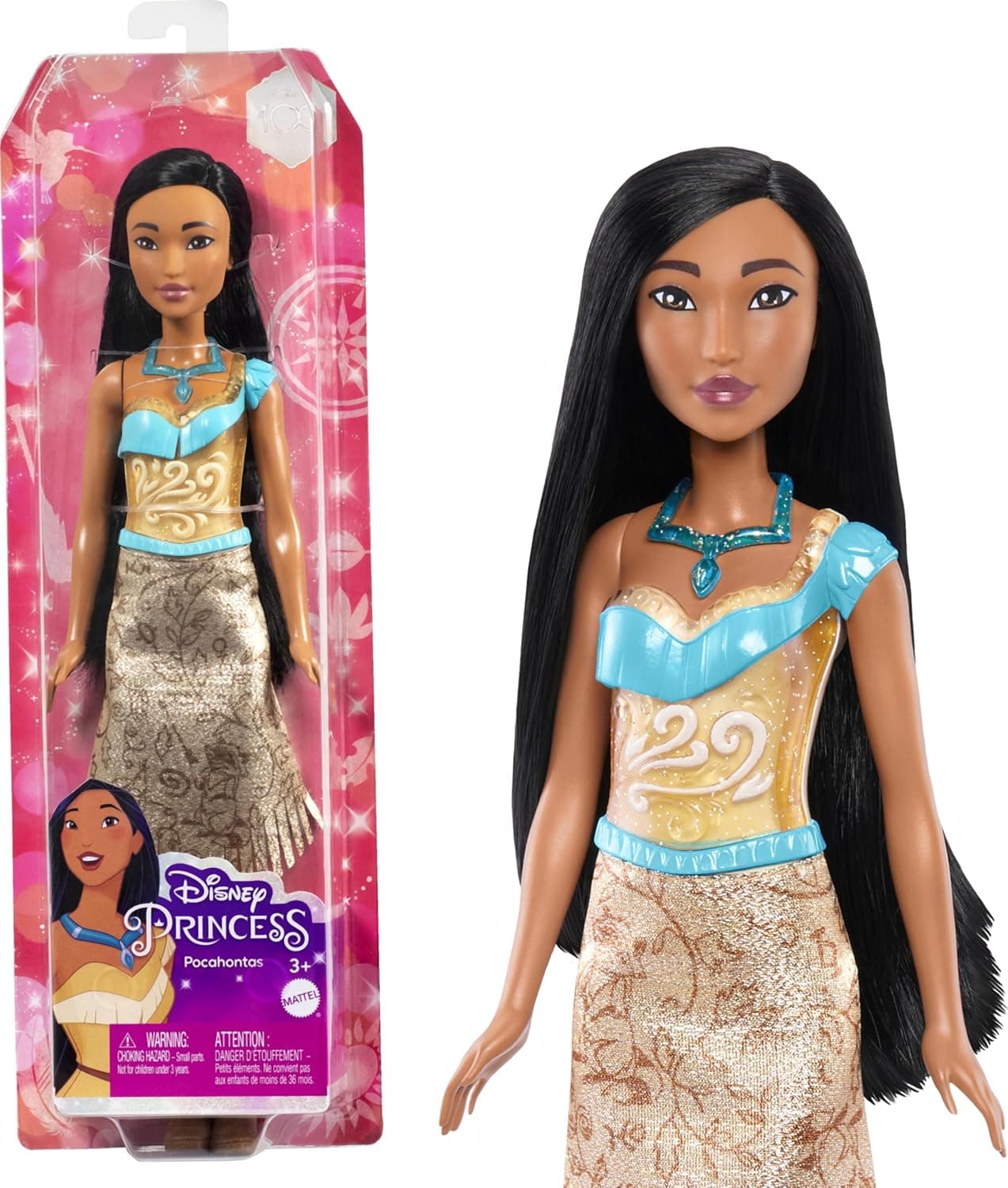 Mattel Disney Princess Pocahontas boneca princesa com pelo comprido, brinquedo + 3 anos (HLW07)
