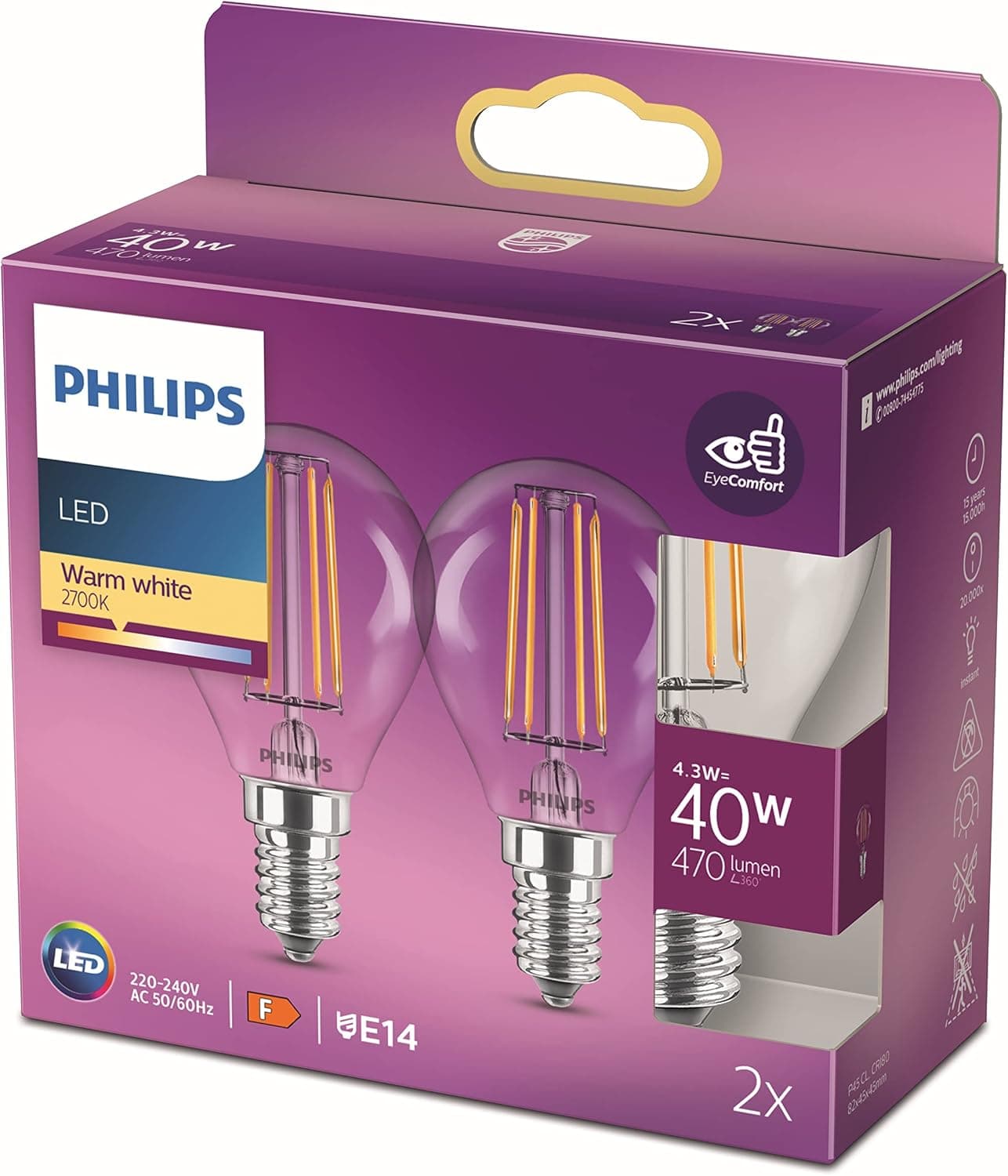 Philips lâmpada LED, branco quente, 2 