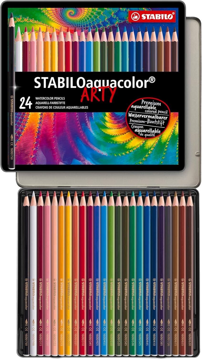 Lápis de cor aguarela STABILOaquacolor - estojo de metal ARTY com 24 cores