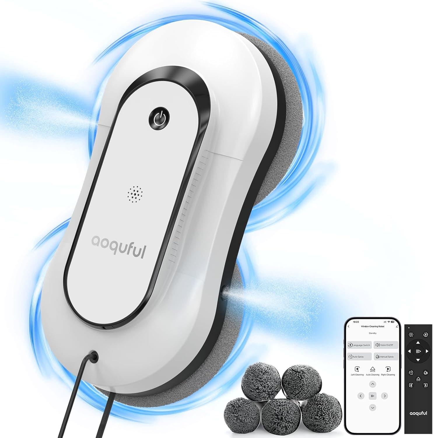 Aoquful - Robot Limpador de vidros inteligente, limpador elétrico de janelas com duplo spray de água, controlo remoto e por aplicação, para janelas interiores e exteriores, inclui 12 anos, branco