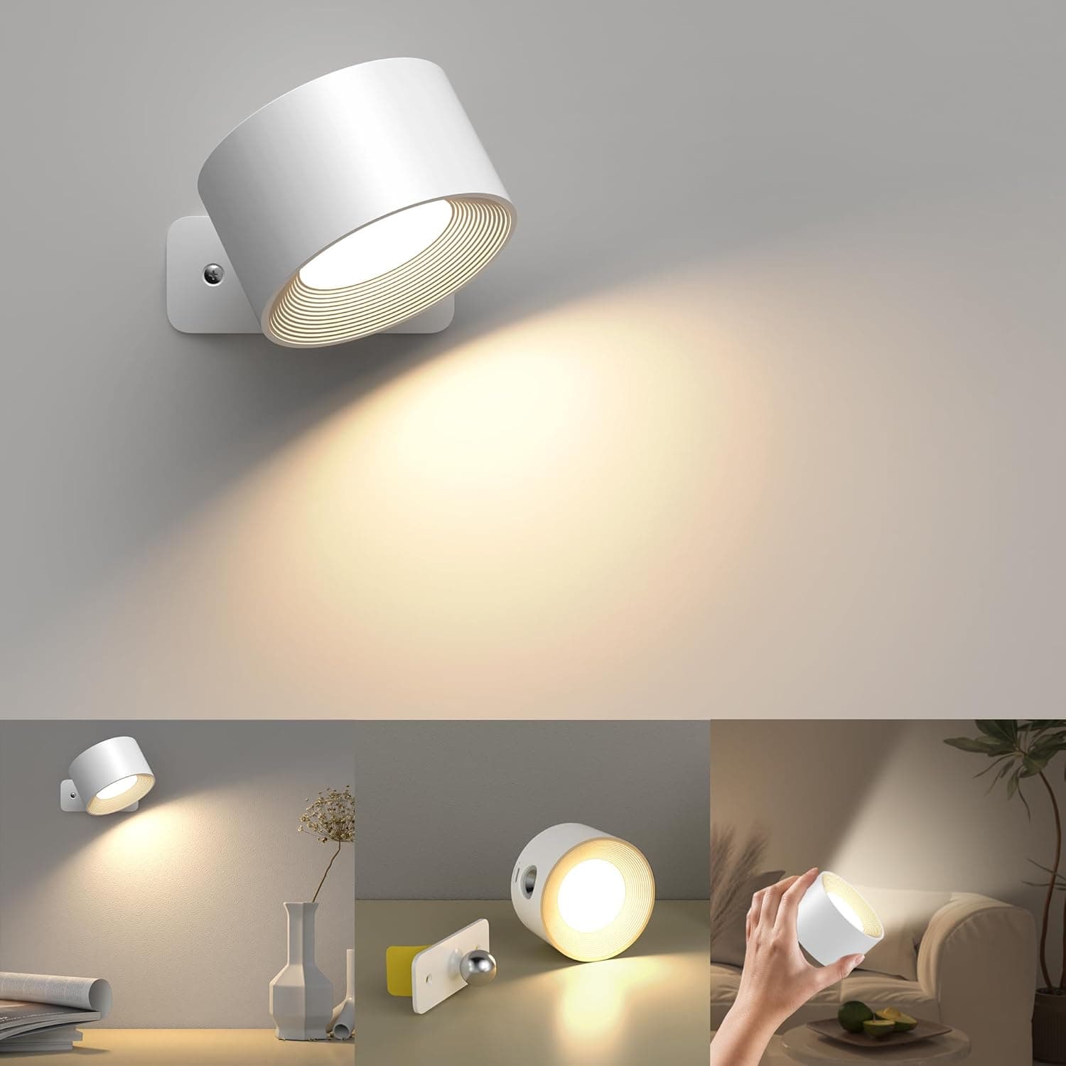 Luz de parede interna, candeeiro de parede com bateria de carregamento USB, 3 cores e 3 níveis de brilho parede interior 360 ° giratório de controlo tátil candeeiros de parede sem fios (branco)