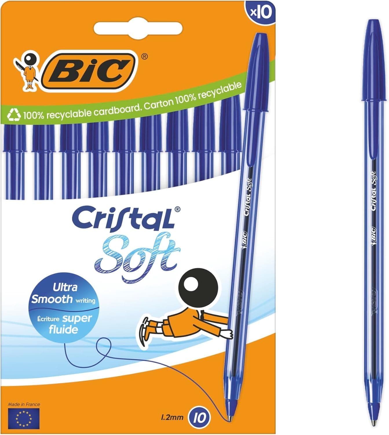BIC Cristal Soft canetas canetas com ponta média (1,2 mm) com tinta Easy Glide - azul, caixa de cartão de 10