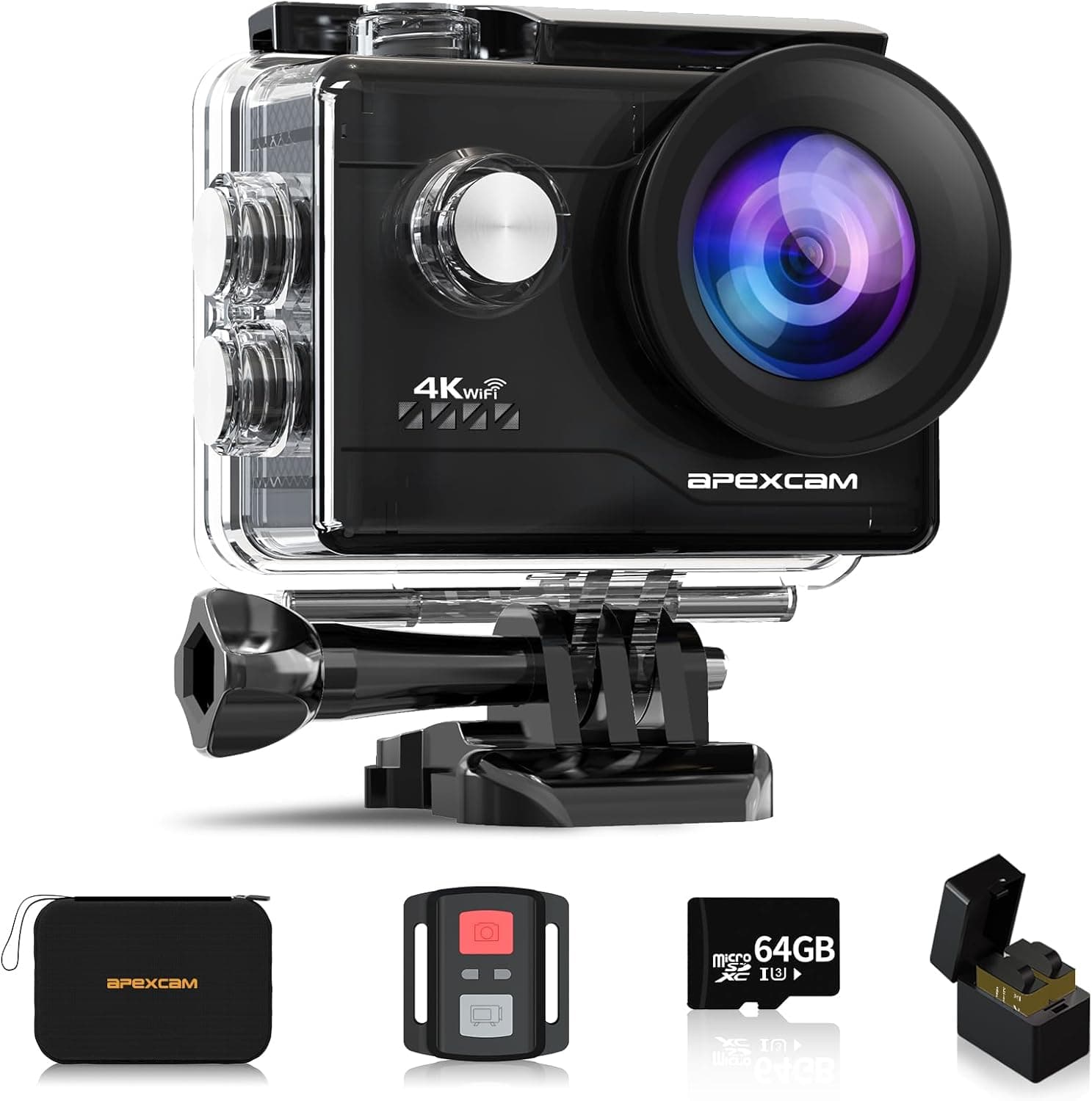 Apexcam Câmara desportiva 4K com cartão de memória de 64 GB WiFi câmara subaquática impermeável 40 m Action Camera 2,0 'LCD 170 ° grande ângulo 2,4 G remoto 2 baterias de 1050 mAh e acessórios