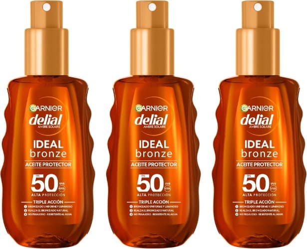 Garnier Delial Ideal Bronze | Óleo bronzeador em spray SPF50 com proteção elevada e resistente à água, areia e suor, 150 ml x 3