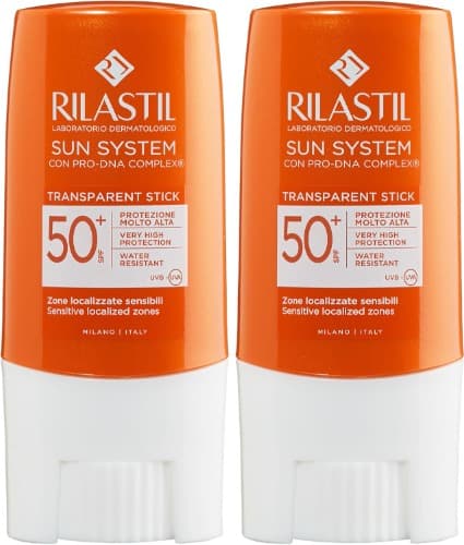Rilastil - Sun System Stick SPF 50+, protetor solar transparente, com PRO-DNA Complex, proteção alta contra UVB e UVA, para áreas sensíveis, resistente à água - 8,5 g