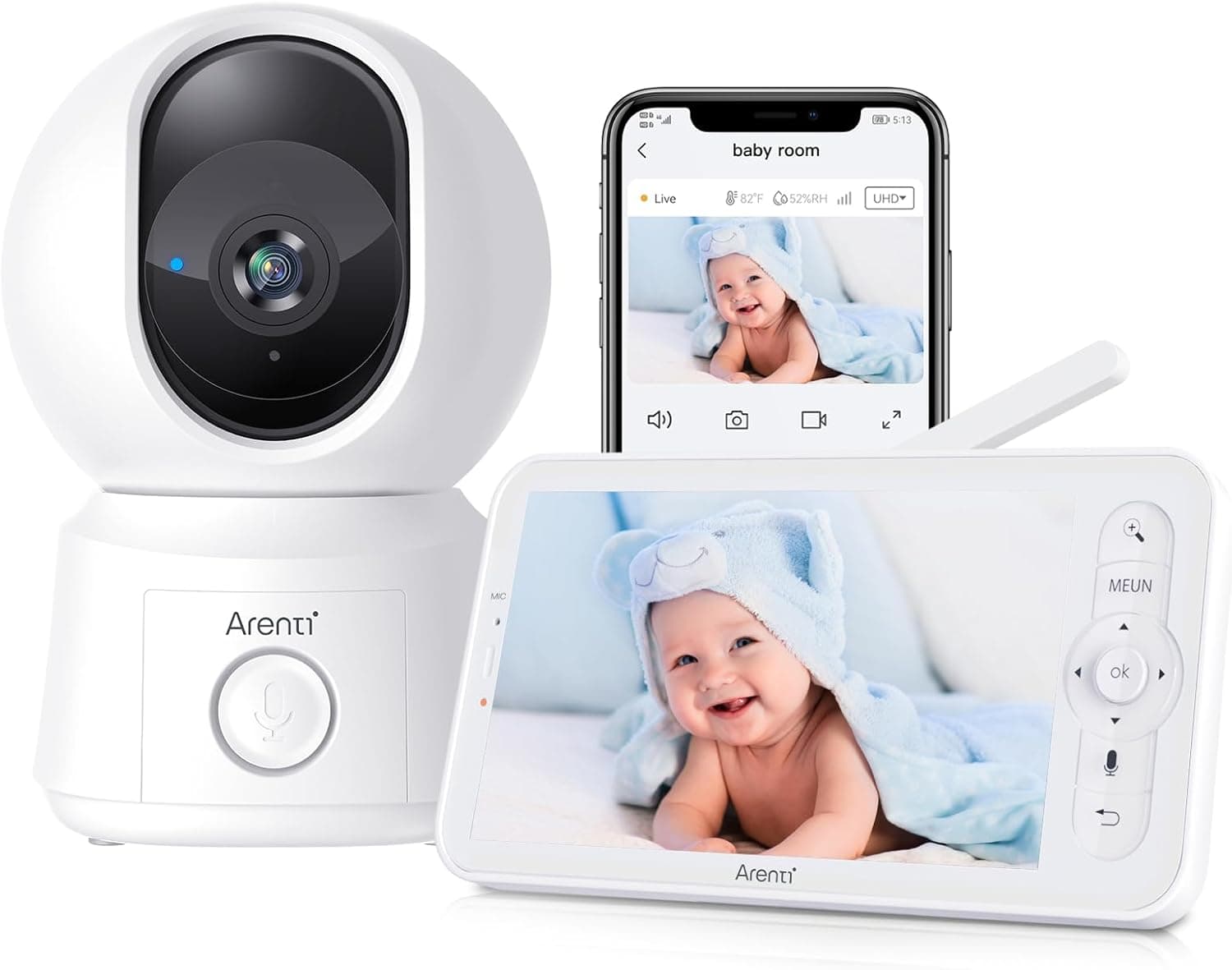 ARENTI 1080P Câmara de vigilância para bebé com controlo de 5 polegadas, monitor de 355° PTZ com câmara com voz bidirecional, deteção de movimento e som, visão noturna, sensor temperatura, modo VOX