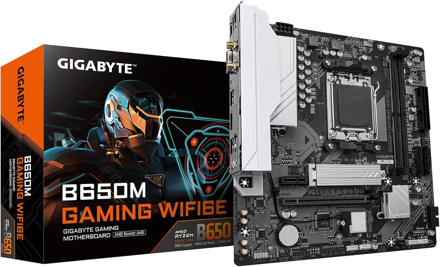 GIGABYTE B650M Gaming WIFI6E Placa de base, processadores AMD Ryzen série 9000, VRM de 5 + 2 Fases, até 6400 MHz DDR5 (OC), 1 x PCIe 4,0 M,2, LAN 2,5 GbE, Wi-Fi 6 E, USB 3. 2 Gen 1