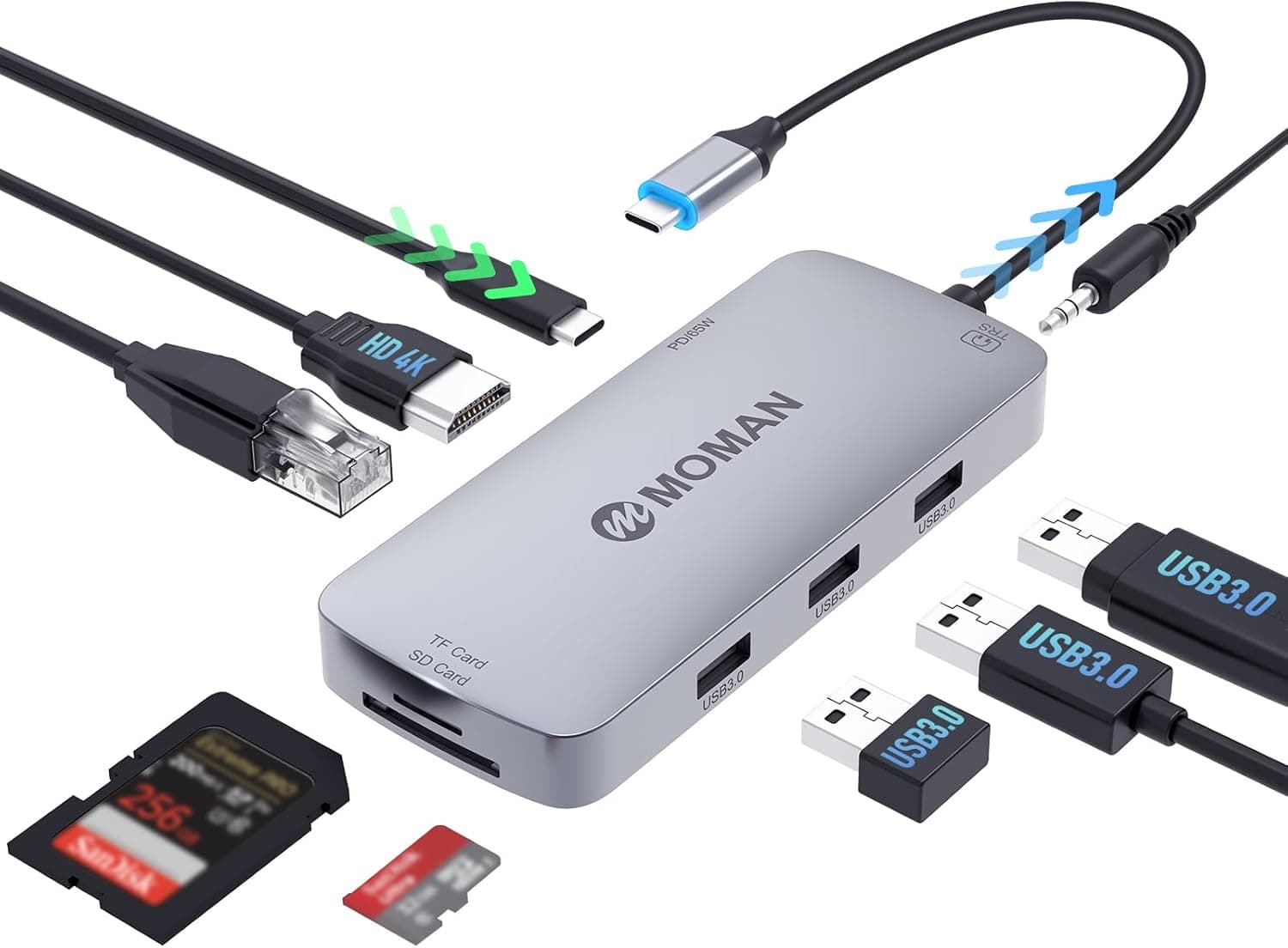Moman Docking Station USB, hub USB C 9 em 1, com 100 W PD, 4 K@30Hz HDMI, 3 x USB 3.0 5 Gbps, conector de 3,5 mm, RJ45 Ethernet, leitor de cartões SD/TF para rato, teclado, disco rígido, telemóvel