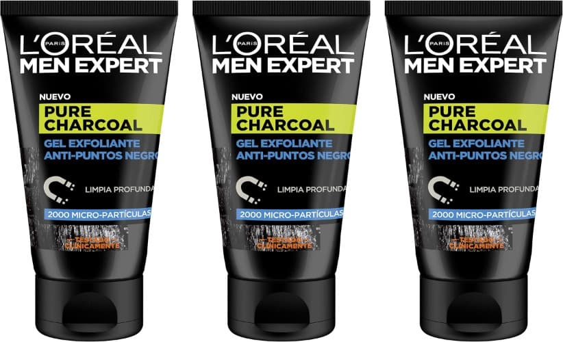 L'Oréal Paris Men Expert Pure Charcoal gel esfoliante anti-pontos pretos para homem, 100 ml x 3