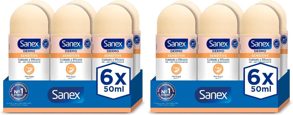 Sanex Dermo Sensitive Desodorante Roll-On, 6 unidades x 50 ml, anti-transpirante, até 48H de proteção contra o suor e o odor, suave com a pele sensível, restaura o pH natural da pele