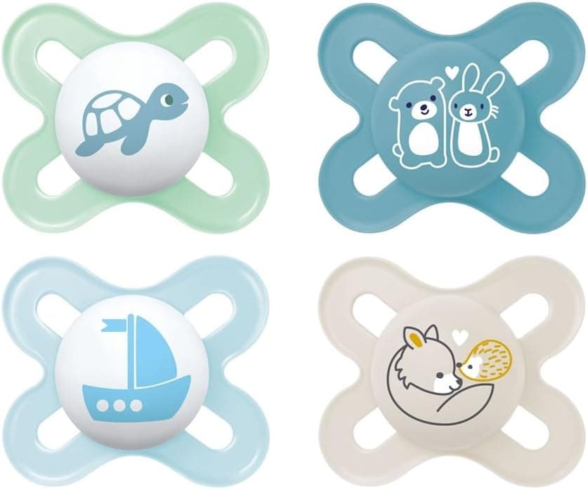 Conjunto de chupeta MAM, recém-nascido, 0-2 meses, com pele simétrica, plana e flexível Tetina de silicone macio de fácil aceitação, com caixa autoesterilizante, MAM Original, azul, embalagem 4pcs