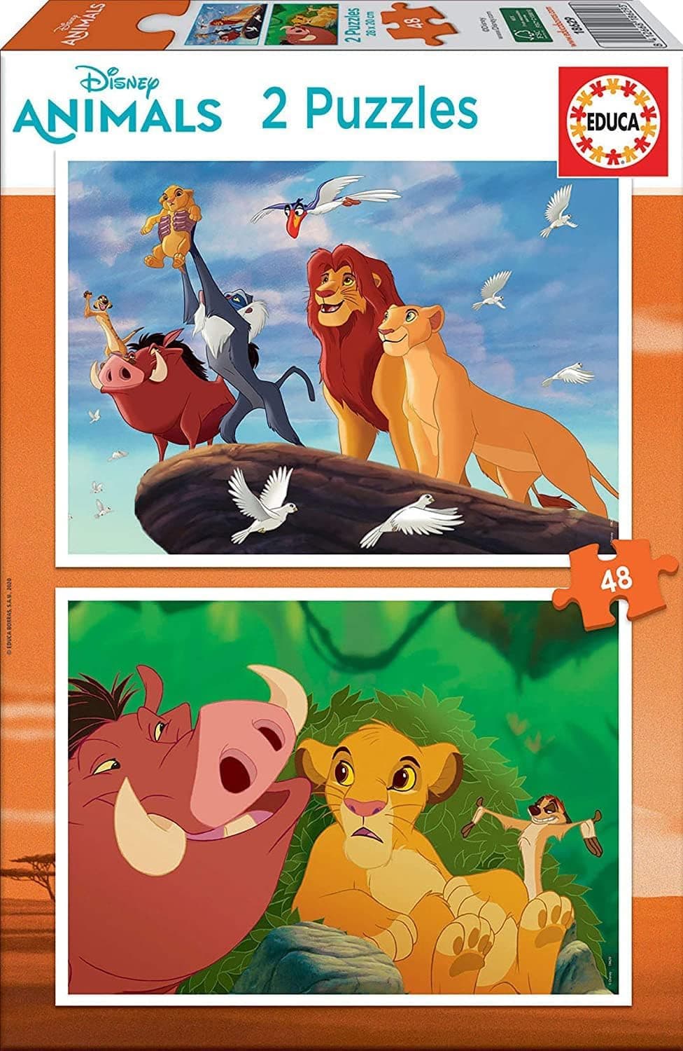 Educa Lion King Disney | Conjunto de 2 puzzles infantis de 48 peças em cartão para crianças a partir dos 4 anos