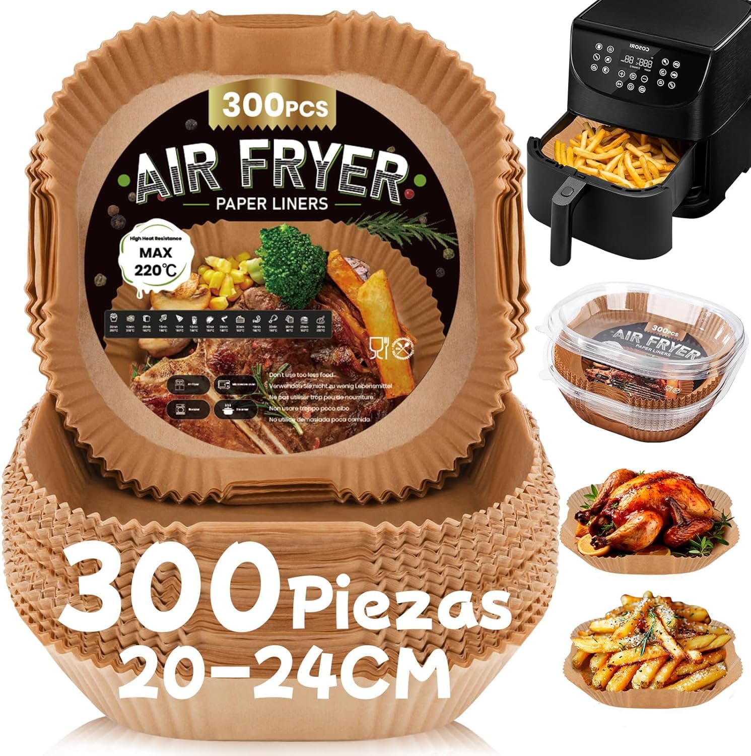 300 peças de papel para fritadeira de ar 5-8 L, papel de ar quadrado 20 - 24 cm, papel de fritura de ar descartável anti-aderente para forno micro-ondas, perfeito para COSORI Cecotec 5,5 6 L