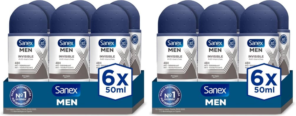 Sanex Men Dermo Invisible | Desodorizante antitranspirante roll-on para homem, 12 x 50 ml