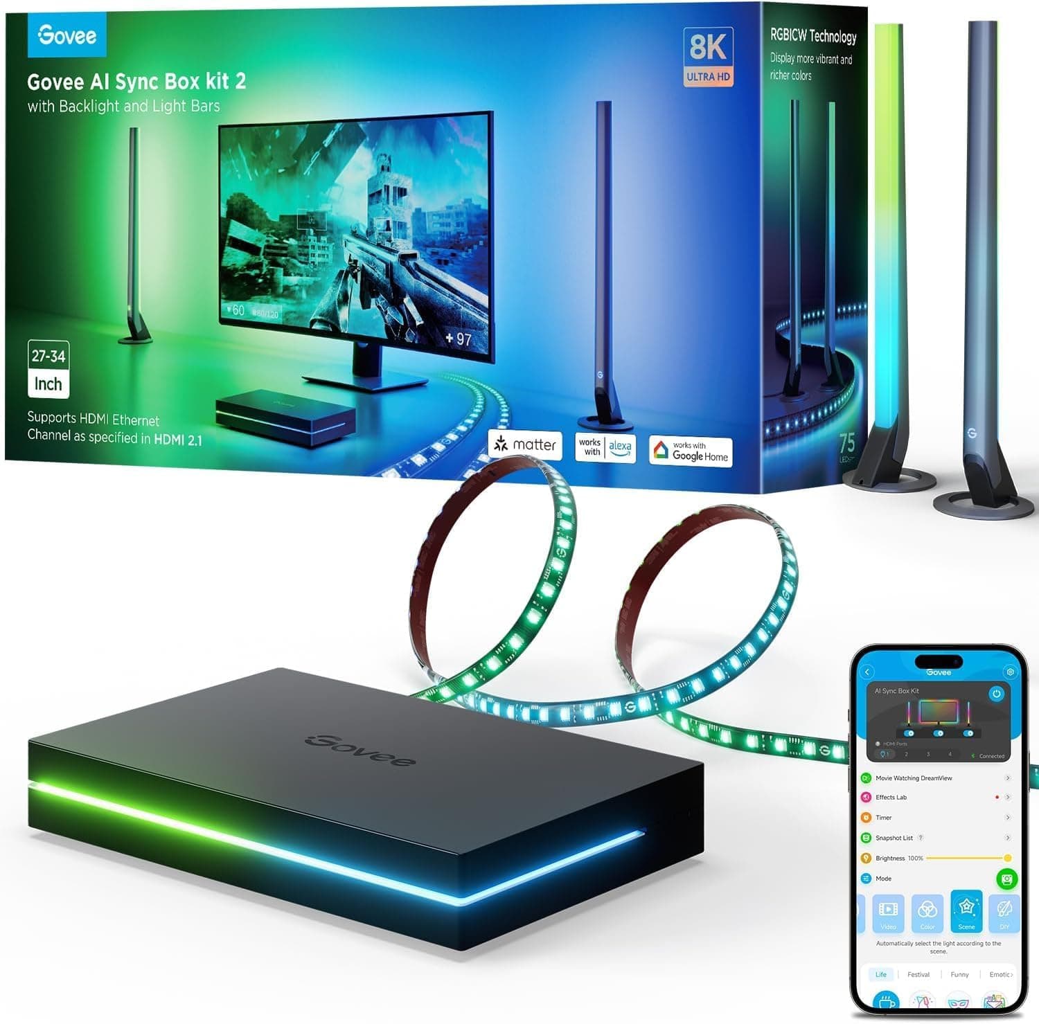 Govee HDMI 2.1 Sync Box Kit 2, com barra de luz e tira de LED e AI Sync Box, suporta 8 K @ 60 Hz, 4 K@144 Hz, VRR e ALLM, funciona com Matter e Alexa, retroiluminação do monitor de 27 - 34 polegadas