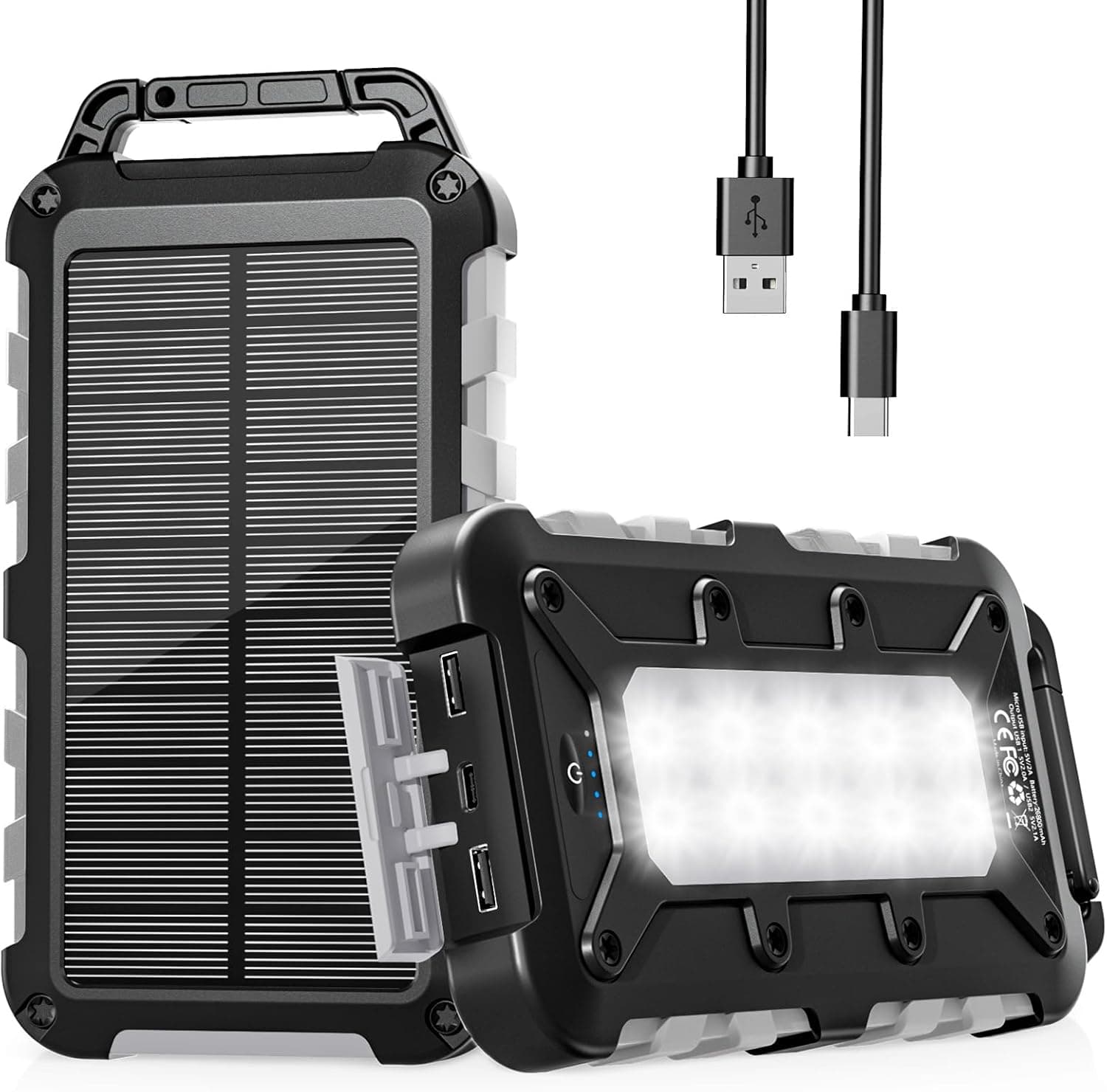 WOWMVP Solar Power Bank 26800mAh | Carregador portátil solar com 2 portas USB, entrada USB-C e lanterna LED