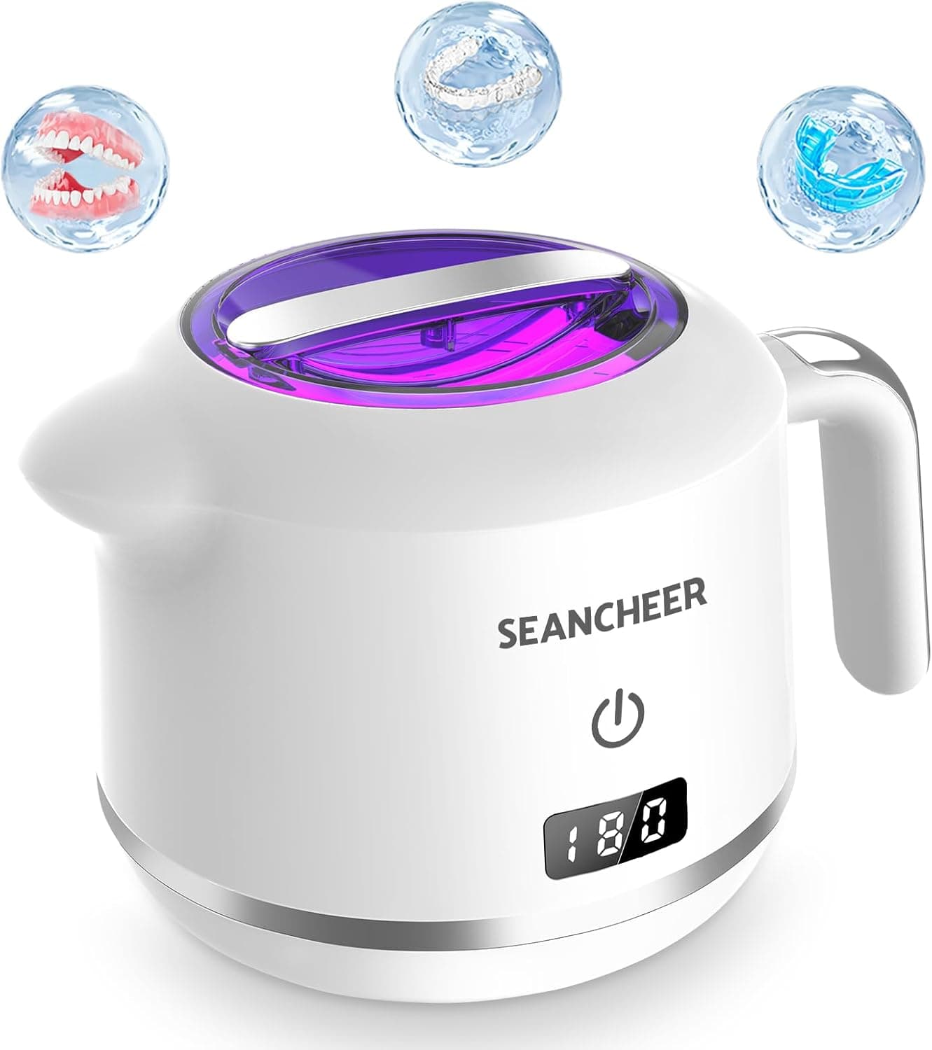 SEANCHEER Ultrasonic Cleaner | Limpeza ultrassónica portátil 180 ml para próteses dentárias, aparelhos e joias com lâmpada UV