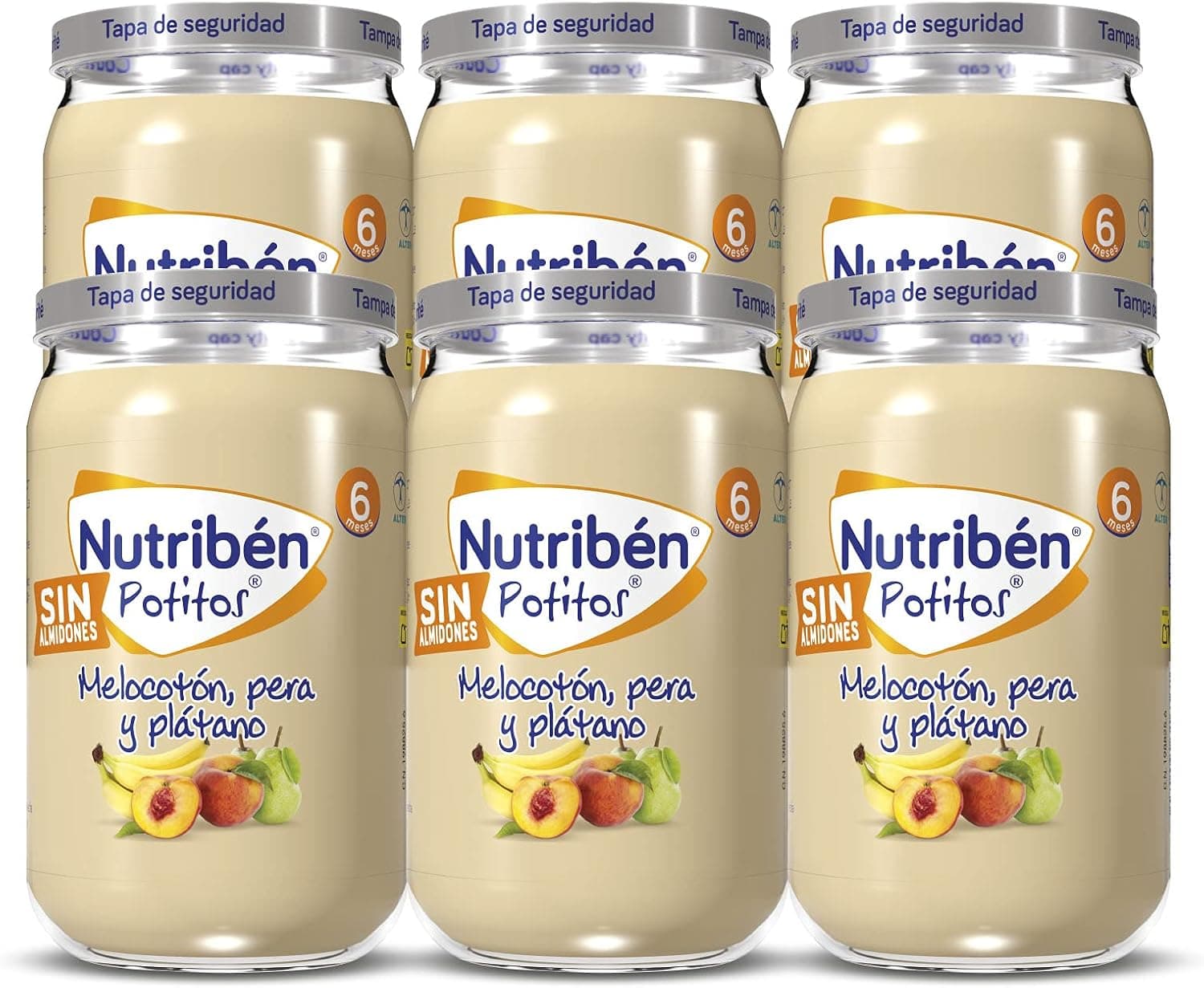 Nutribén Potinhos de pêssego, banana e pêra,  a partir dos 6 meses, pack de 6 x 235 g