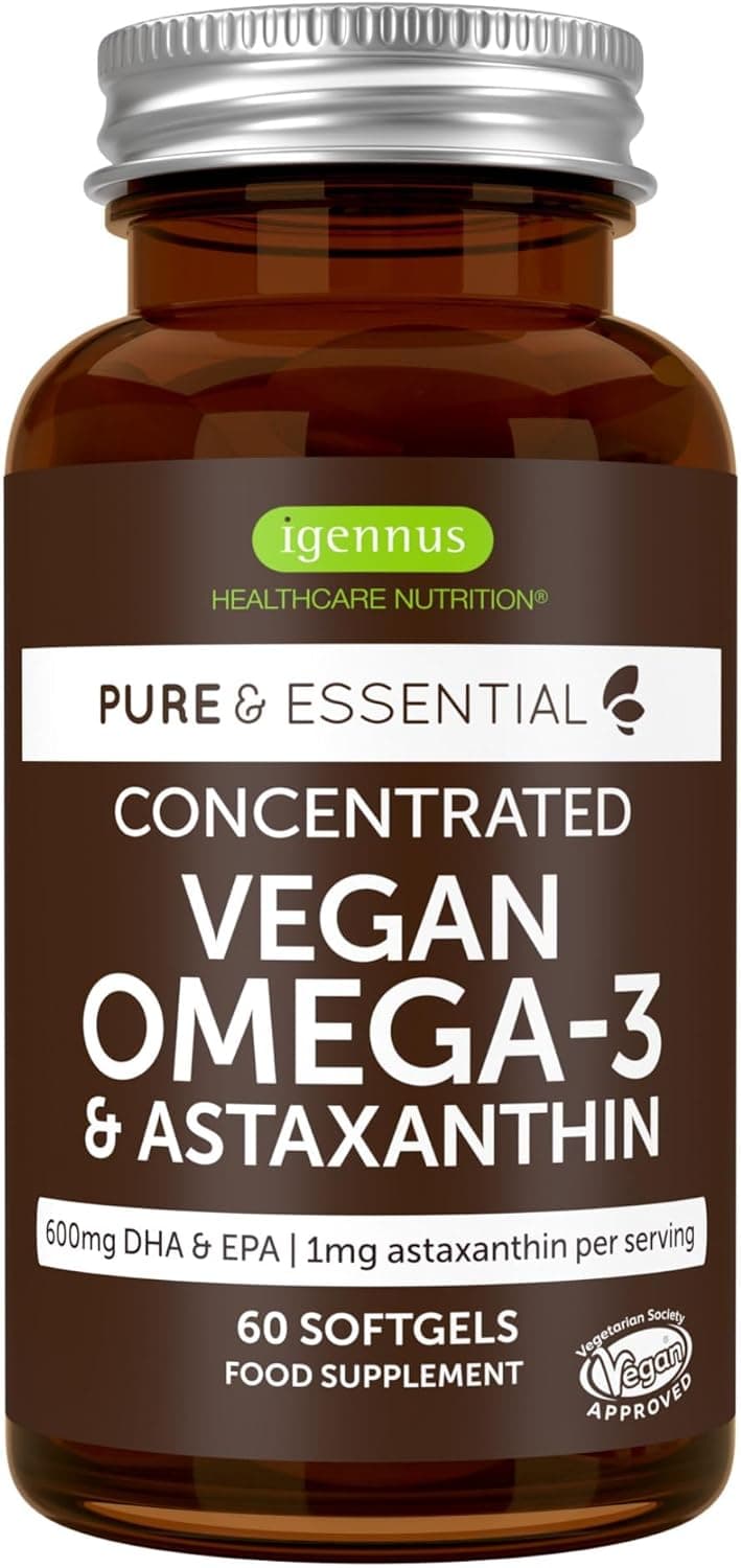 Ómega 3 Vegan com Astaxantina, 1344 mg de óleo de algas (DHA EPA 600 mg), 60 cápsulas macias, de Igennus