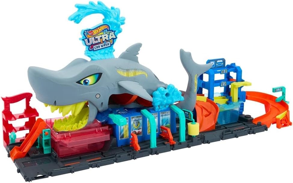 Hot Wheels City "Let's Race - a correr!" Netflix Túnel de lavagem de carros com tubarão, pista para carros de brinquedo, inclui 1 veículo que muda de cor com água, brinquedo + 4 anos (HTN82)