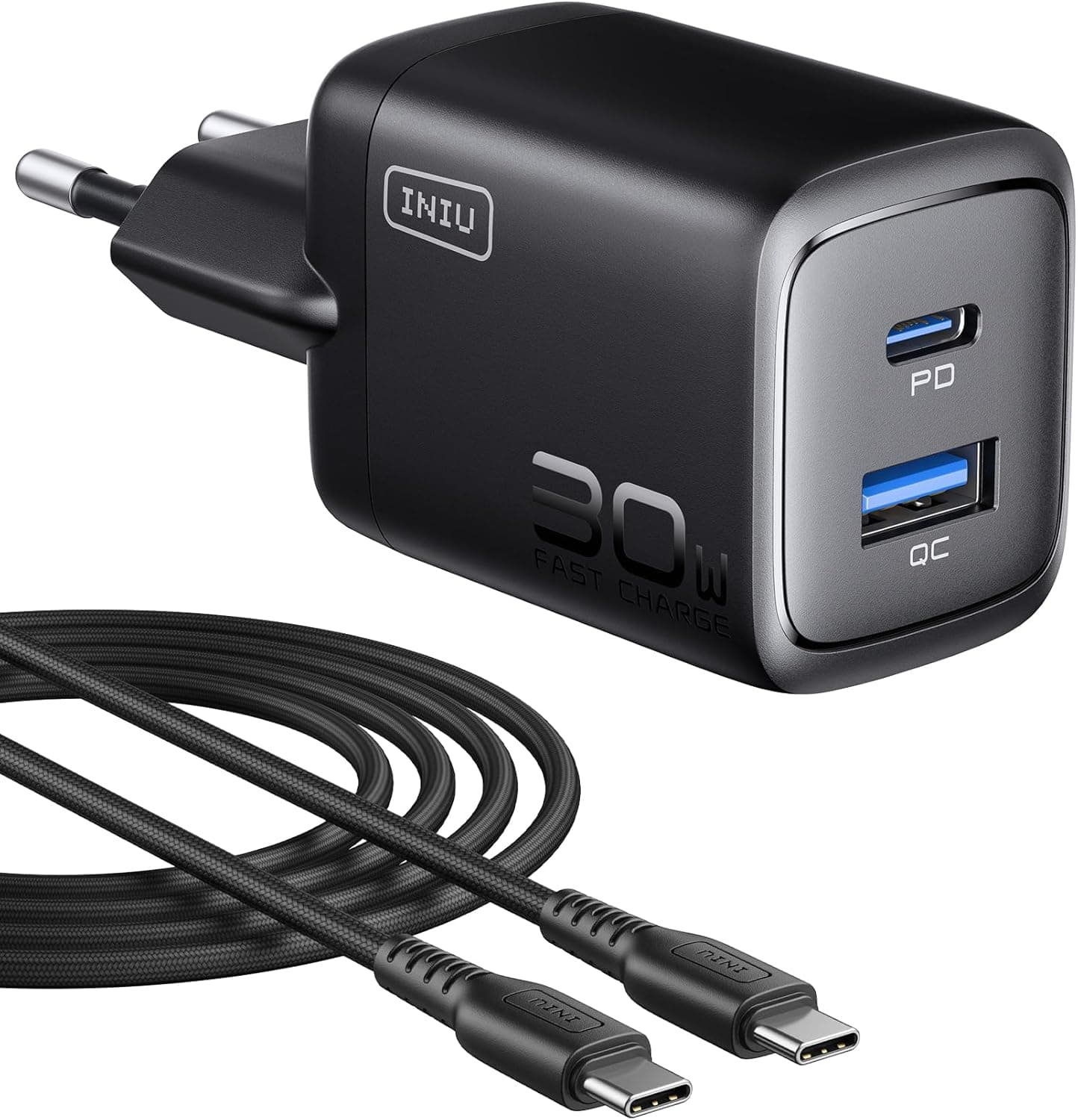 INIU Carregador USB C 30W, 2 portas carregador tipo C carregamento rápido com cabo USB, PD 3.0