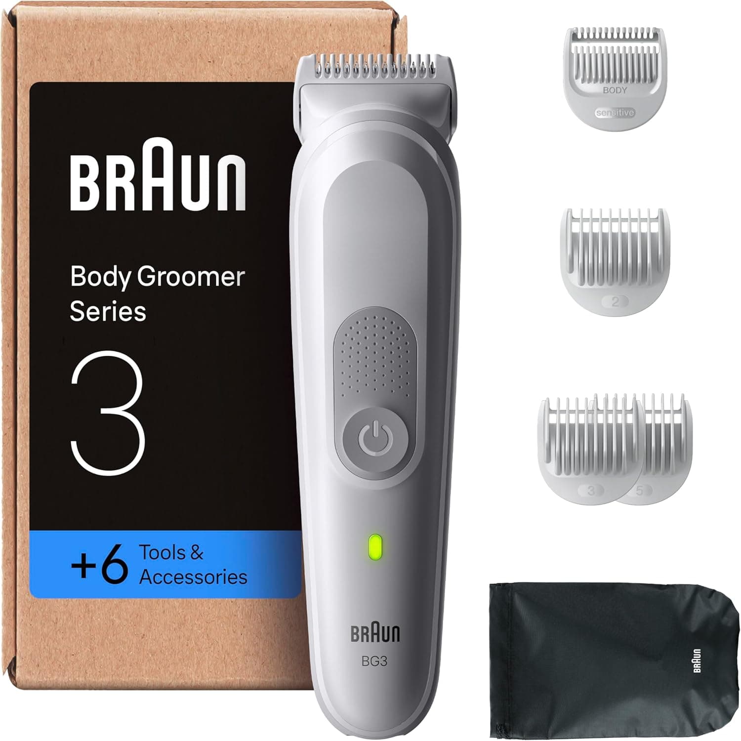 Braun Aparador corporal série 3 BG3575, máquina de barbear corporal para peles sensíveis, 6 acessórios de rosca, 80 min de automonomia, barbear e aparar, resistente à água, cinzento