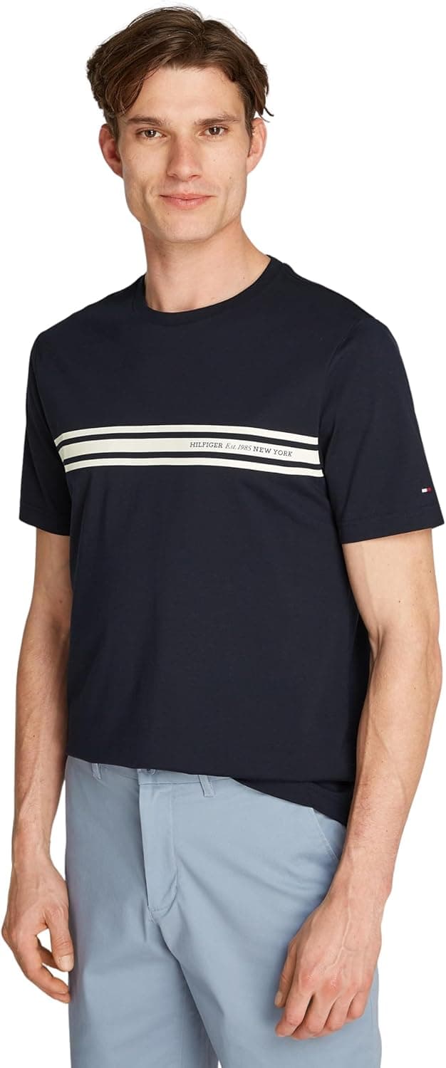Tommy Hilfiger T-shirt de manga curta para homem central Chest Stripe de algodão
