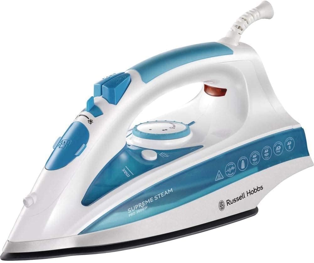 Russell Hobbs Ferro de roupa Steam Glide Professional - 2600 W, sola de cerâmica, golpe a vapor 210 g, função de auto-limpeza, branco e azul - 20562-56