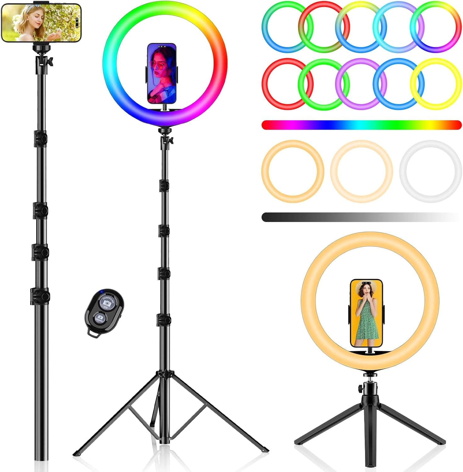 PEYOU 12" Aro de luz com tripé para telemóvel, 186 cm Ring Light 38 modos RGB com função Bluetooth Selfie e mini tripé extra, para Youtube/TikTok/Twich Live/etc