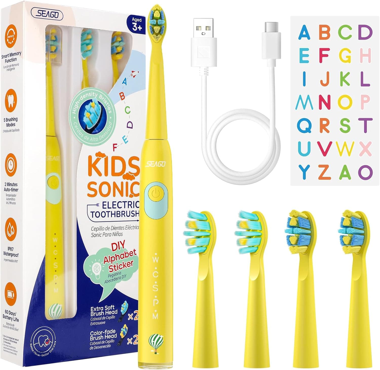 Seago Escova elétrica infantil, escova de dentes elétrica crianças recarregável com autocolantes divertidos DIY, 8 cabeças de substituição, 5 modos e temporizador de 2 minutos, amarelo