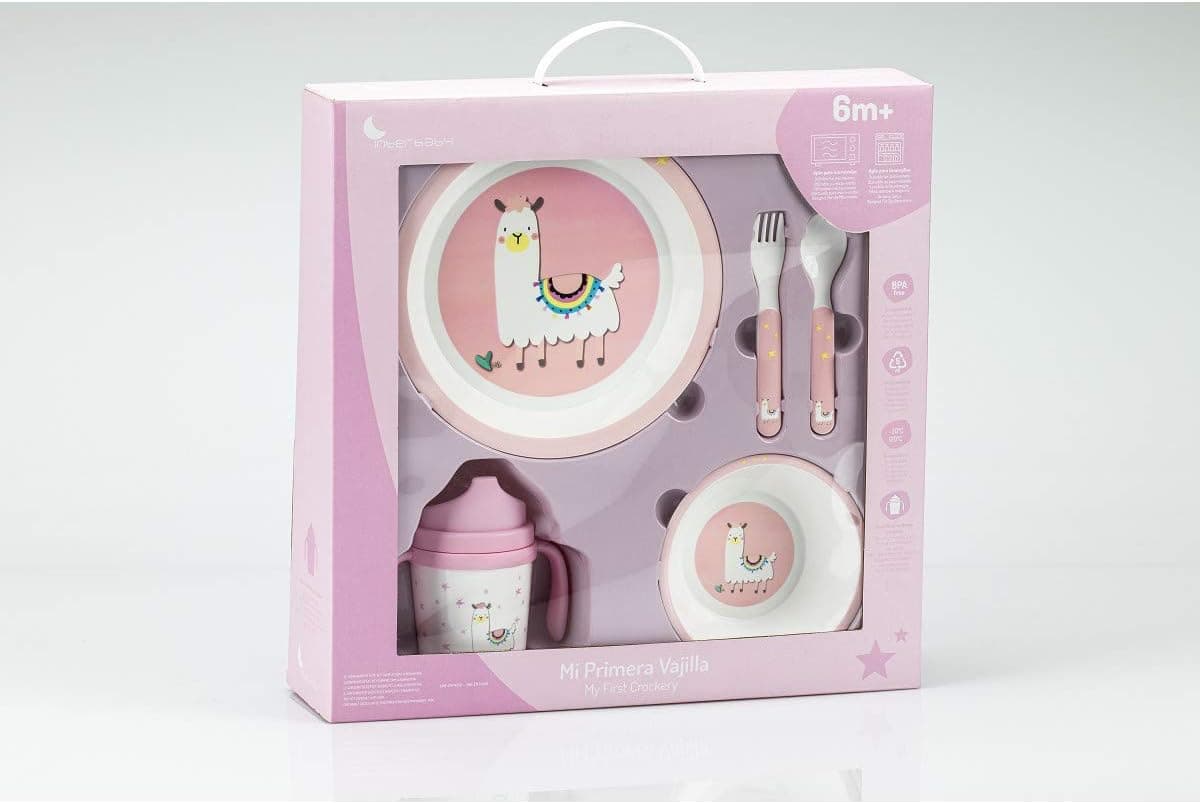 Conjunto de louça para bebé Interbaby | Conjunto de louça infantil 5 peças prato raso, Bo, colher, garfo e copo anti-gotejamento, adequado para micro-ondas e máquina de lavar louça, maiores de 6 meses