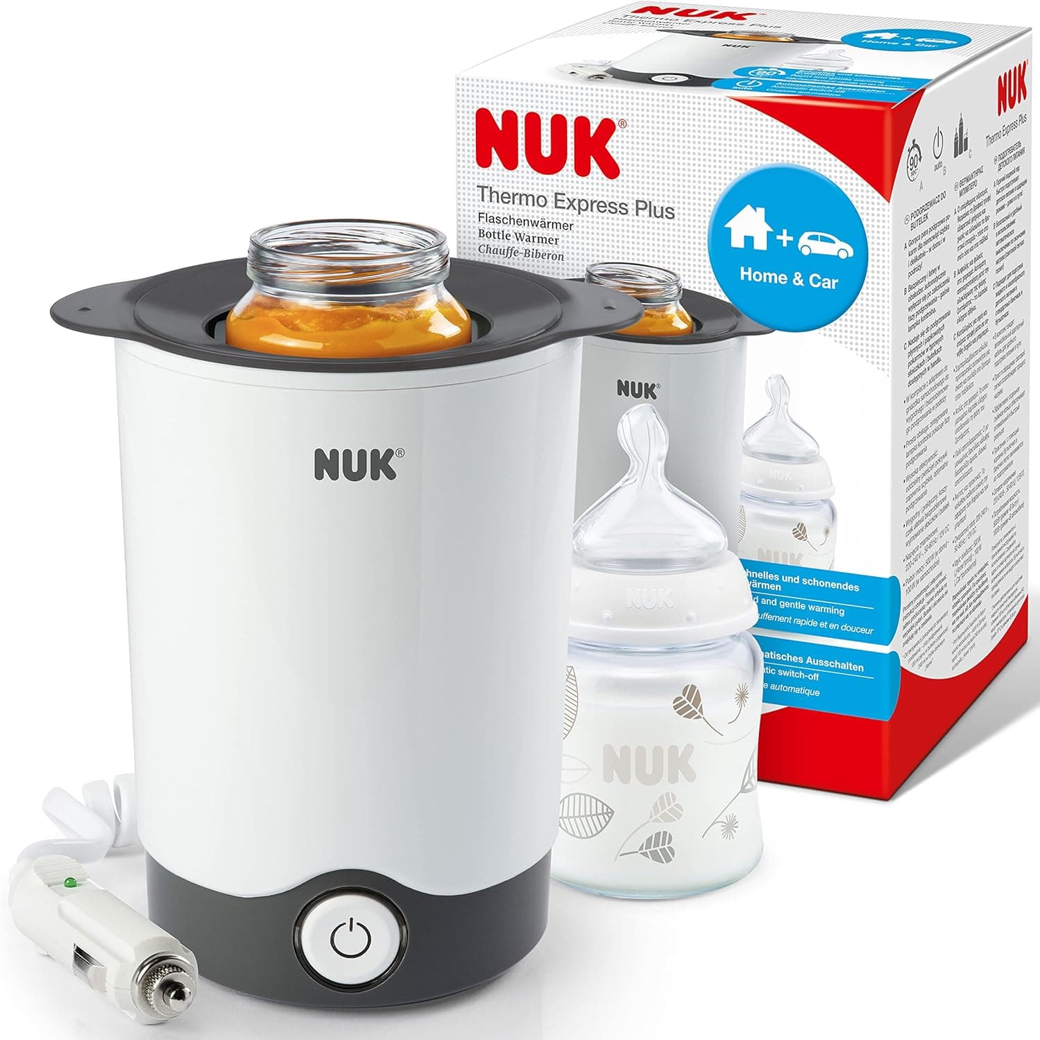 Nuk 10256404 - Aquecedor de biberões que aquece de forma rápida e cuidadosamente em apenas 90 segundos, para uso doméstico ou em viagem, inclui cabo adaptador para o carro