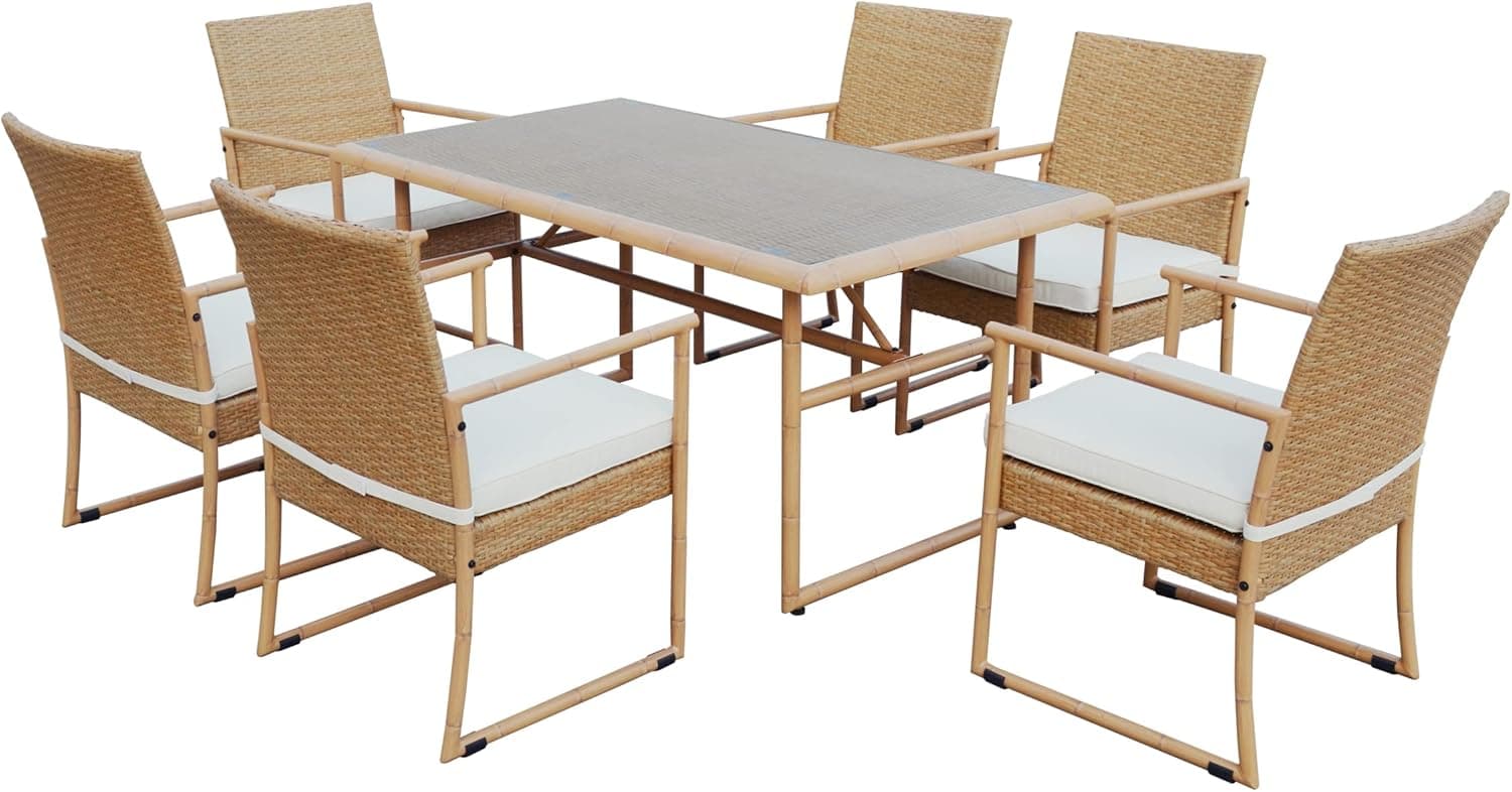 Greemotion Dining-Set Hanoi, de aço com revestimento de pó e aspeto de bambu, com almofadas bege de poliéster 100 %.