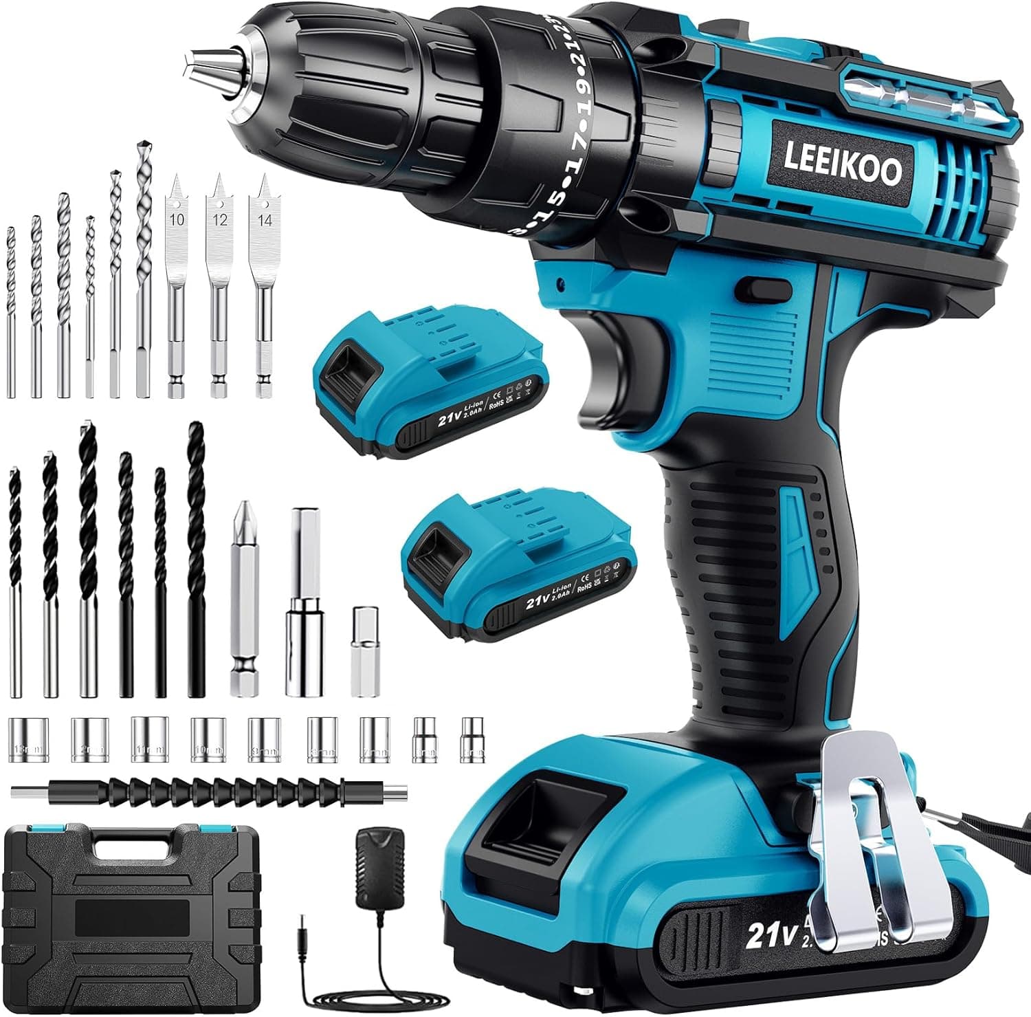 LEEIKOO Broca de broca de bateria 21 V, broca parafuso de ateria, parafuso elétrico de 42 N.m com 2 baterias 2,0 Ah, 25 + 3 ajuste de par, 30 acessórios, 2 velocidades, para casa, bricolage