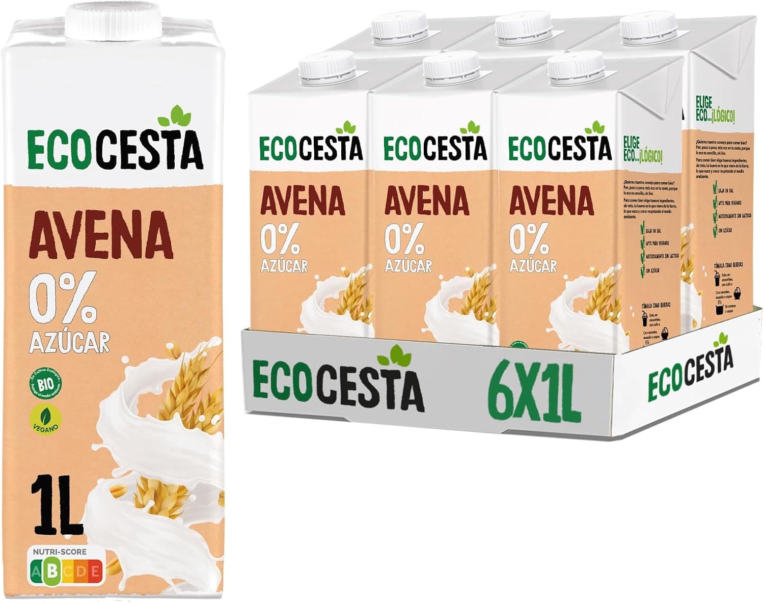 ECOCESTA MEJOR CADA DIA - Embalagem de 6 unidades de 1 L de bebida ecológica vegetal de aveia - sem adição de açúcar, lactose ou frutose - adequado para veganos